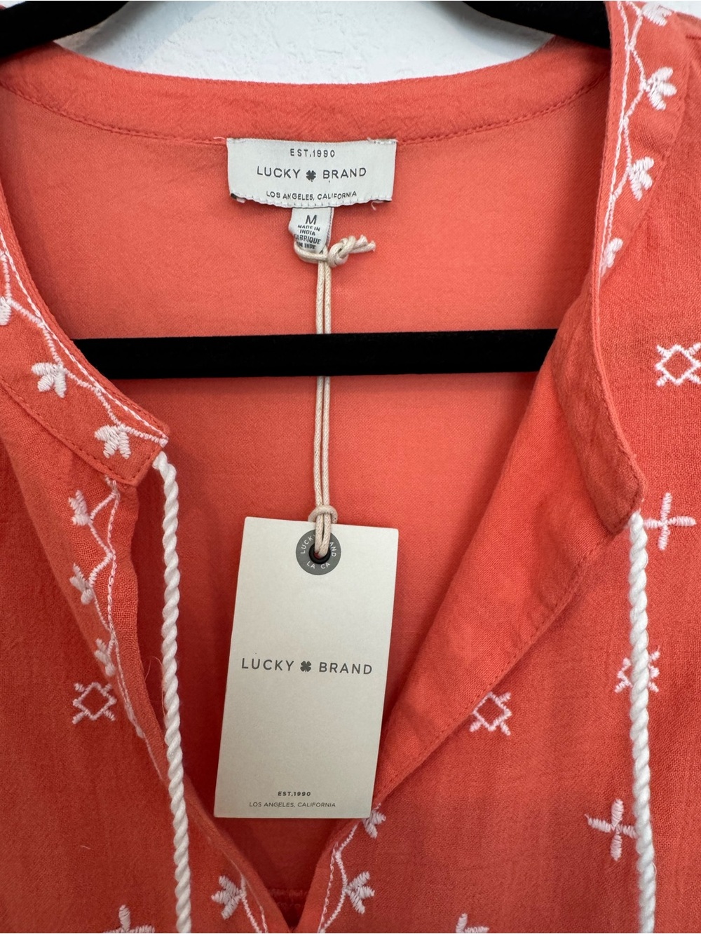 Lucky Brand Orange Boho Embroidered 3/4 Sleeve Cotton Blouse Top - Picture 7 of 11